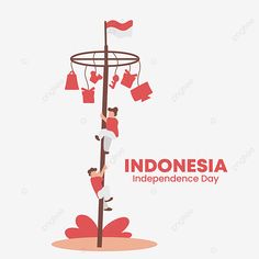 two men are climbing up the pole and holding shopping bags in their hands, indonesia independence day