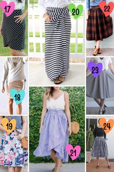 many different types of skirts with numbers on the front and back, including one for each woman