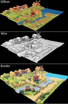 three different views of an island with trees and houses on it, one is in the middle