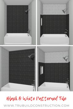 four photos of black and white patterned tile