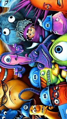 an image of many different cartoon characters in the same painting, one is looking up