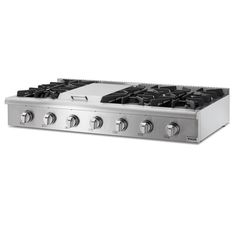 a stainless steel stove top with four burners and two knobs on each side