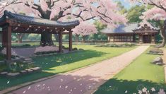 an anime scene with cherry blossom trees in the foreground and a small pavilion to the right