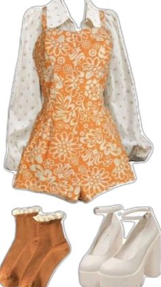 Orange Retro Outfit, Orange Cute Outfits, Orange Blossom Inspired Outfit, Cute Outfits Orange, 70s Clothes Women, Orange Outfit Women, Pastel Orange Outfit, Aesthetic Orange Outfits, Orange Outfits Aesthetic