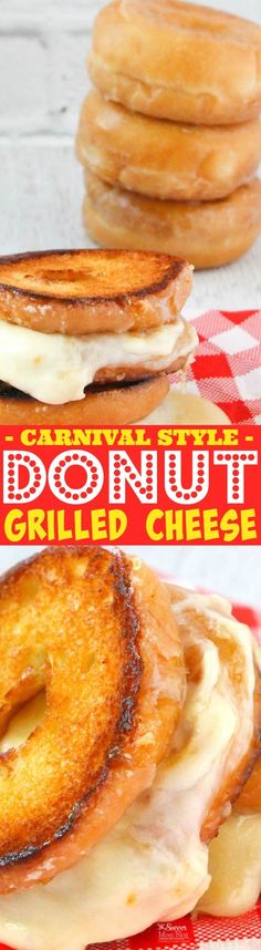 the donut grilled cheese sandwich is stacked on top of each other and ready to be eaten