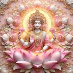 a painting of a buddha sitting on top of a lotus flower surrounded by pink petals