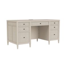 a white desk with four drawers and two doors