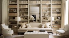 a living room filled with white furniture and lots of bookshelves on the wall