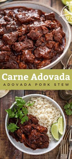 carne adovada served in a bowl with rice and garnishes