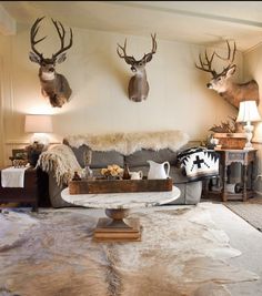 two deer heads mounted on the wall above a couch in a living room with white fur