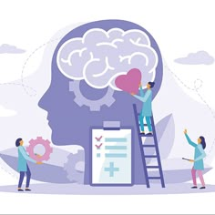 two people are standing on a ladder and holding a heart in front of a brain