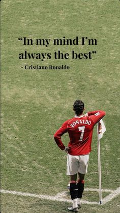 a man standing on top of a soccer field next to a quote from ronaldo