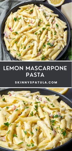 lemon mascarpone pasta in a skillet with parsley on top and the recipe below