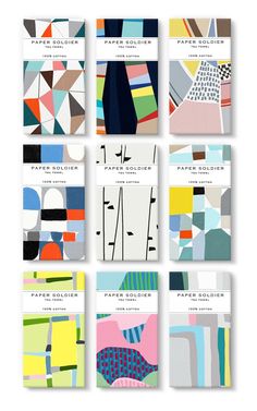 six cards with different designs on them, each featuring geometric shapes and colors in various sizes