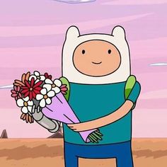 a cartoon character holding flowers in his arms