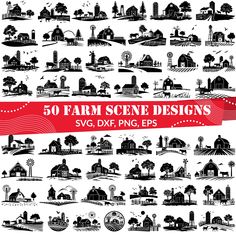 50 farm scene designs in black and white, with red ribbon on the bottom corner