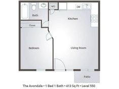 an apartment floor plan with one bedroom and two bathrooms