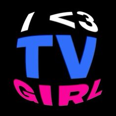 the tv girl logo is shown in pink, blue and white on a black background