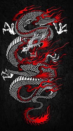 a red and white dragon on black background