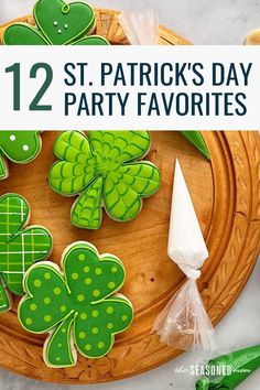 st patrick's day party favors on a wooden platter