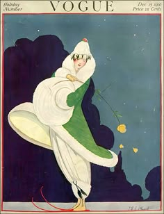 an old fashion magazine cover with a woman in white and green dress flying through the air