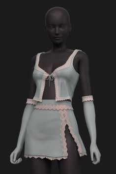 a female mannequin is wearing a short skirt and top with lace trims