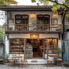 the outside of a restaurant with tables and chairs