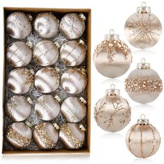 christmas ornament set in box with gold and silver ornaments