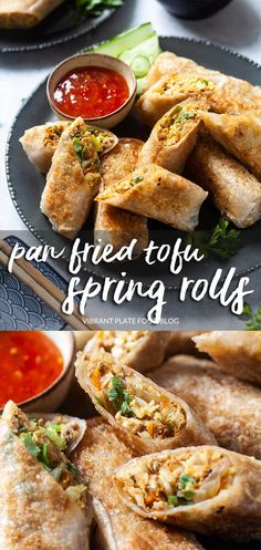 fried tofu spring rolls with dipping sauce on the side, and another plate full of them