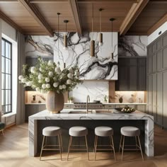 a large kitchen with marble counter tops and stools in front of the center island