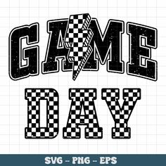 the word game day with checkered pattern on it in black and white, is shown