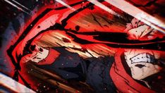 an anime character with red hair and black eyes is depicted in this artistic painting style