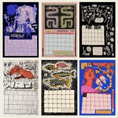 four calendars with pictures of people and animals on them, all in different colors