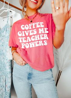 Coffee Gives Me Teacher Powers Shirt, Funny Teacher Shirt, Coffee Teacher Shirt, New Teacher Gift, Coffee Lover Shirt, Teacher Life Shirt We create custom t-shirts with great designs for everyone's liking. If you don't find the size or color you would like, please message us and we will be happy to accommodate! PRODUCT We use the finest premium Bella Canvas shirts for you, they are feather soft and very breathable with a good stretch. These t-shirts are known for their great quality and much loved by our consumers. SIZING This t-shirt comes in UNISEX sizing. It looks great on both men and women, but women are recommended to order a size down for a fitted look! Please refer the sizing chart to find your perfect fit! COLORS Colors on screen and the printed product may slightly vary due to sc Casual Tops With Funny Print For Teacher Appreciation, Coffee Short Sleeve Top With Text Print, Coffee Color Short Sleeve Top With Text Print, Coffee Colored Slogan Short Sleeve Top, Coffee Short Sleeve Top With Slogan, Coffee Colored Short Sleeve Slogan Top, Coffee Color Short Sleeve Top With Slogan, Casual Coffee-colored Slogan Top, Casual Coffee Tops With Letter Print