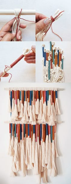 the wall hanging is made with yarn and tassels, which are used to make curtains