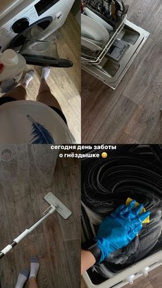 two pictures showing how to clean the dishwasher and cleaning it with blue gloves