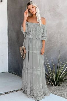 Gray Flower, Tiered Skirts, Elegant Maxi Dress, Grey Maxi Dress, Long Romper, Makeup Style, Boho Lace, Maxi Robes, Linnet