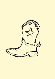 a black and white drawing of a cowboy boot with stars on the side, against a light yellow background