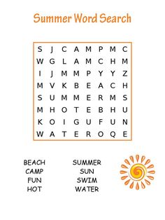 the summer word search is shown in orange and white