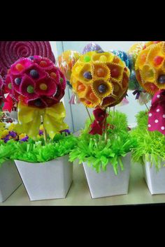 three flower potted plants with candy in them