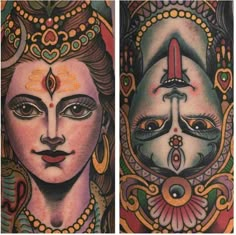 two tattoos with different designs on them, one has a woman's face and the other is a man's head