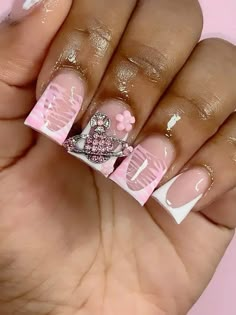 This nail art consists of duck french tip with pink gel brushed over, as well as a couple of flowers and a planet charm to top it off 😍. Light Pink Duck Nails, Duck Nail Designs With Charms, Duck Nails With Charms, Pink Duck Nails, Baby Pink Nails, Retro Nails, Acrylic Nail Set, Hello Nails