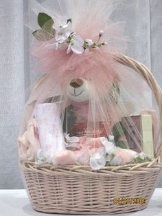 a basket filled with lots of items on top of a table