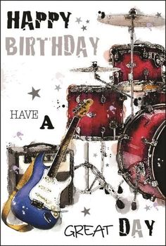 a happy birthday card with drums and guitar