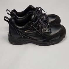 Black Waterproof Slip Resistant Steel Toe Reflective On Top By Laces Loop In Back To Help Pull On These Were Used A Handful Of Times, Tread Is Like Brand New. There's A Bit Of Scuffing On The Front Left Shoe. See Last Picture. Shoe Women, Styles P, Black Slip Ons, Toe Shoes, Work Shoes, Cute Shoes, Give It To Me, Size 10, Women Shoes