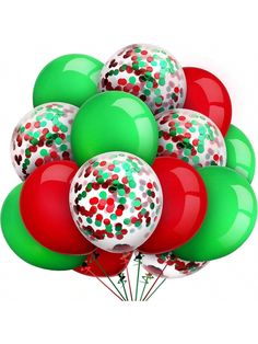 green, red and white balloons with confetti sprinkles on them