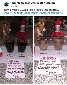 two pictures of an elf with three cups of coffee on the table and one has a sign that says,