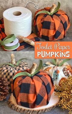 toilet paper pumpkins are sitting on a plate next to some twine spools