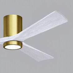 a white ceiling fan with a gold finish