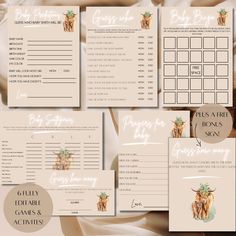 a set of wedding stationery with an image of a cow and pineapple on it